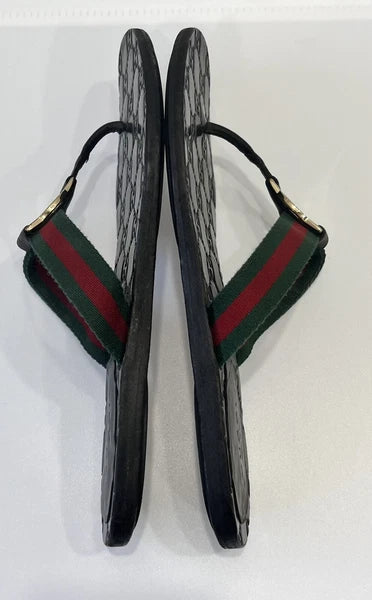 Gucci GG Web Stripe Thong Sandals EU 36 US 6 Black Flat Flip Flop Slide Slipper