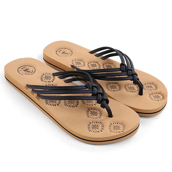 Aerusi Women Floral Flip Flops Black Open Toe Flat Sandals Cozy Shoes Size 7-10