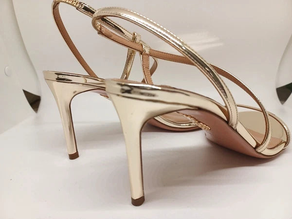 New AQUAZZURA $750 Shiny Gold Metallic Strappy Stiletto Sling Sandal Italy EU 37
