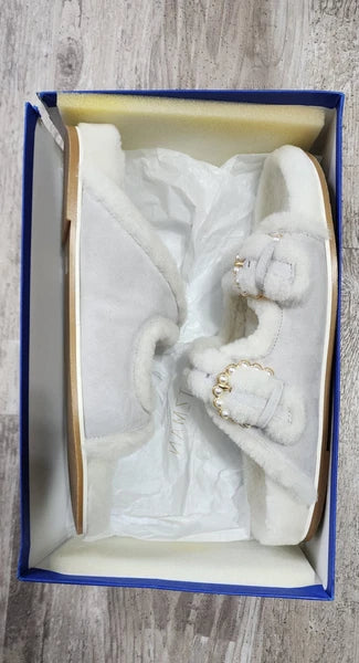 STUART WEITZMAN Piper Chill Slide Sandal Pearl White Shearling Suede Size 9.5