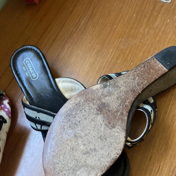 COACH Black Monogram Logo Virginia Signature Thong Slide Wedge Sandal Heels