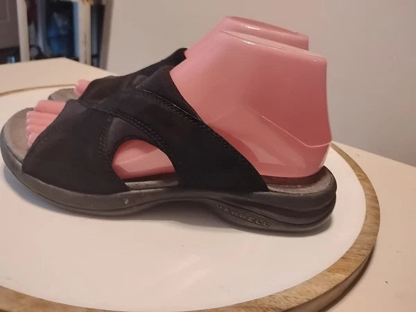 Women's 6 Merrell Topo Cross Black Suede Leather Sandals Air Cushion Slide Vtg