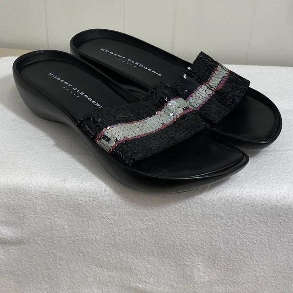Robert Clergerie Paris Sandals Women's 7 Black Leather Multi Sequin Platform