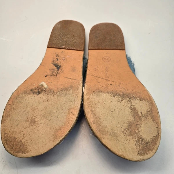 Ancient Greek Sandals Women's Size 8  Denim Frayed Slide Slip Ons Handmade Flats