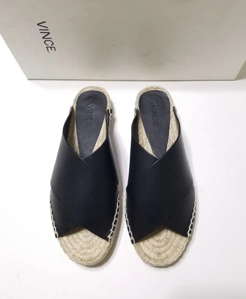 NIB Vince Castel Leather Crisscross Flat Espadrille Slide Sandal Black Sz 5 $225
