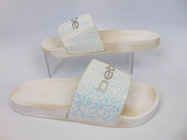 Bebe Womens Fraida Glitter Slide Fashion Sandals Flats Size 11.0 M, White Glitte