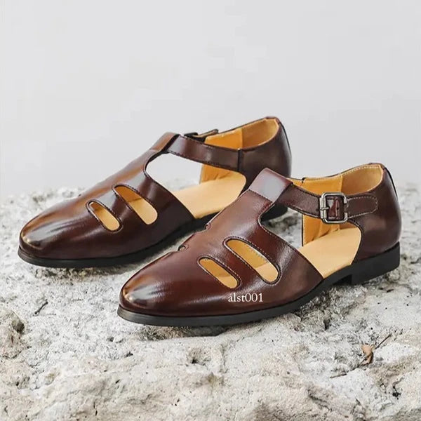 Roman Style Mens Closed Toe Sandals Hollow Out Buckle Flat Business Formal Dress