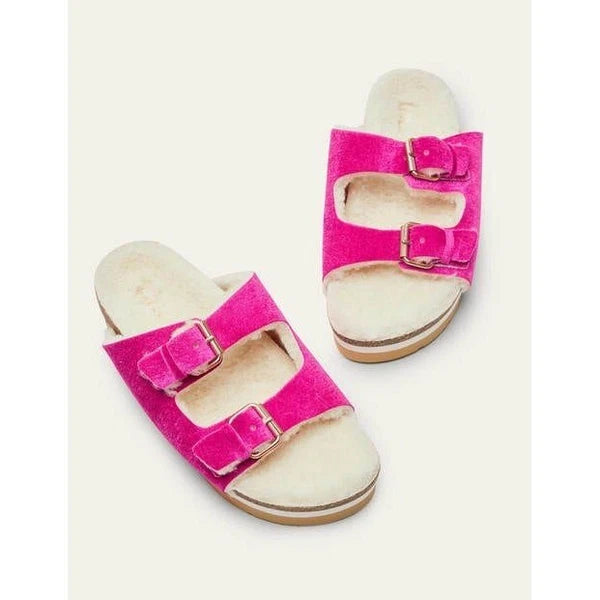 Boden Fuzzy Velvet Cosy Slides Sandals Hot Pink Adjustable Buckle 40 8.5 Sherpa
