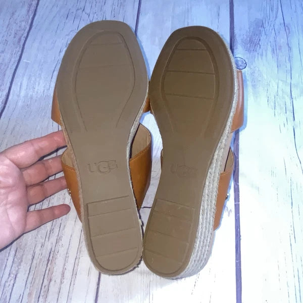 UGG Eirene Wedge Espadrille Slide Sandals Tan Brown Leather Womens 10