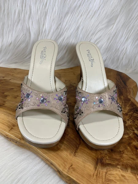 Paris Blues Slides Sandals Champagne Beaded Wm’s Size 10 Adalia-21 #754300