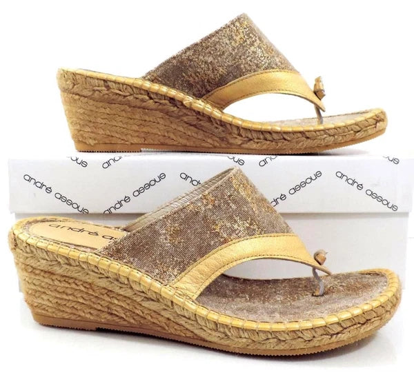 Andre Assous Annette Wedge Espadrille Thong  Slide Sandal Toast Bronze Size 9