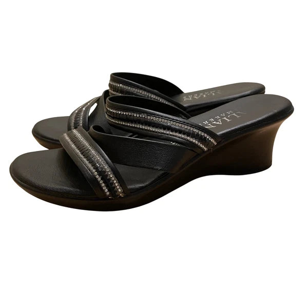 Italian Makers Black Rhinestone Wedge Sandals Slides Made in Italy 6.5
