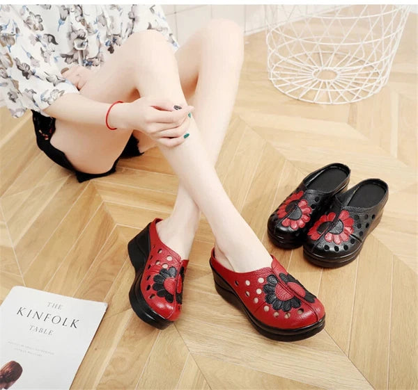 Ethnic Style Leather Women Shoes Sandals Platform wedges Slides Summer Slipper