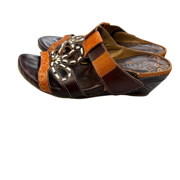 L'Artiste Women's Spring Step Leather Wedge Sandals Floral Accent Slides 38