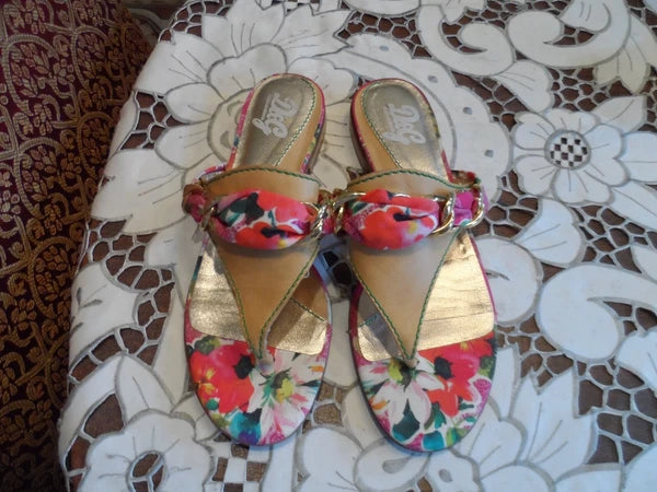 D&G Dolce & Gabbana Multicolor Floral Leather/Fabric T-Strap Sandals Size 7US