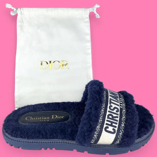 AUTHENTIC Christian Dior Dway Shearling Fur Deep Blue Slides Sandals - Size 36