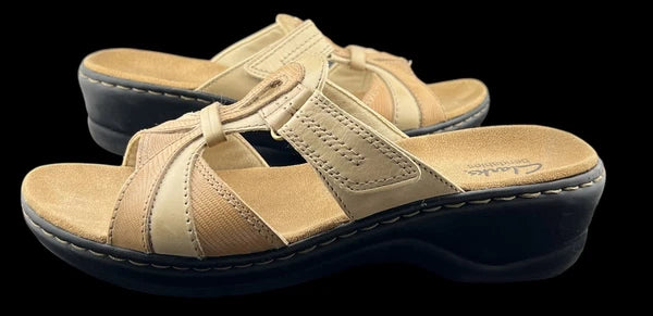 Clarks Bendables Sandals Women's Sz 10m Tan & Cream Leather Open Toe Hook/Loop