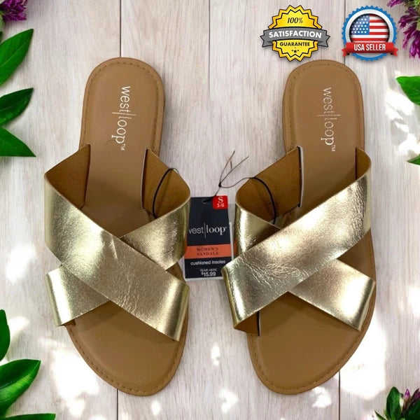 WOMEN'S SMALL (5/6) Metallic Gold Casual Flat Crossover Slide Sandals Cushioned