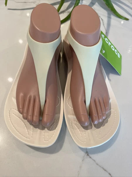 CROCS Women 9 Sexi Flip Flop Thong PALE YELLOW WHITE Serena Sandals NEW NWT