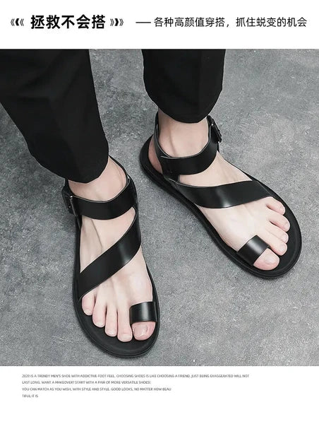 38-45 Mens Sandals Roman Style Ring Toe Slingback PU Leather Summer Casual Flats