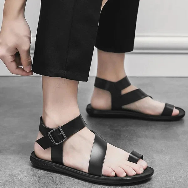 38-45 Mens Sandals Roman Style Ring Toe Slingback PU Leather Summer Casual Flats