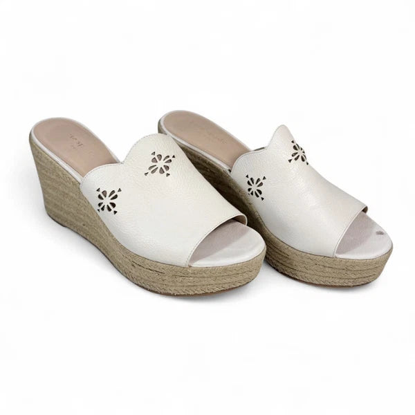 Kate Spade White Leather Espadrille Wedge Sandals 8.5 Floral Cut Out Designer