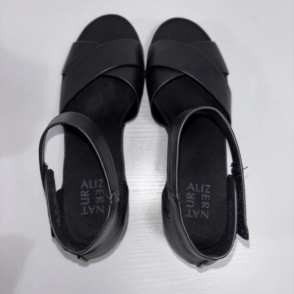 Naturalizer Riviera Womens Sz 8.5m Black Leather Flat Wedge Sandals NEW