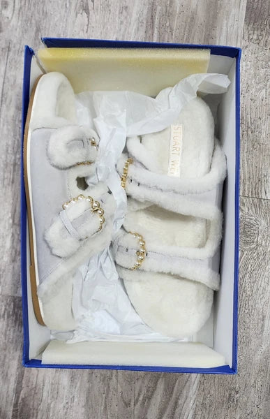 STUART WEITZMAN Piper Chill Slide Sandal Pearl White Shearling Suede Size 9.5