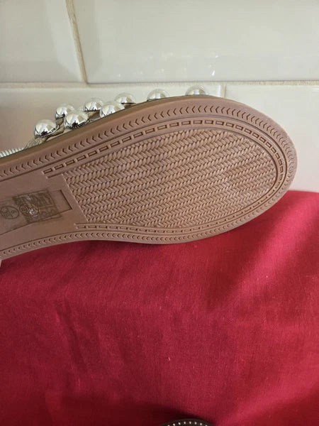 Women's Natural Snake Effect Slides Flip Flops With Chrome Studding Size 6