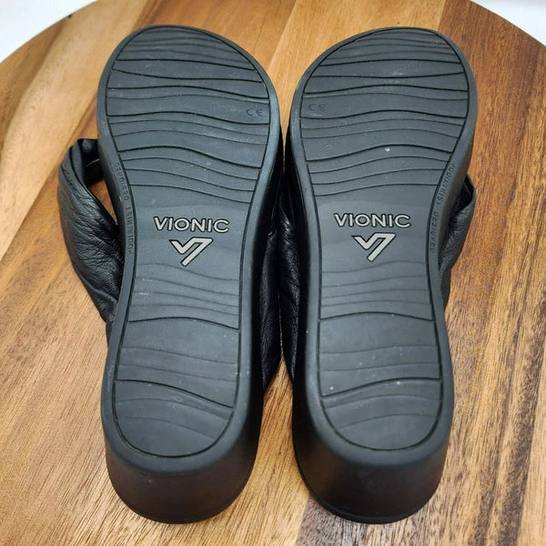 Vionic Arabella Thong Wedge Sandals 11 Black Leather Flip Flop Platform Support