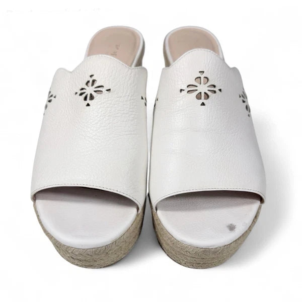 Kate Spade White Leather Espadrille Wedge Sandals 8.5 Floral Cut Out Designer