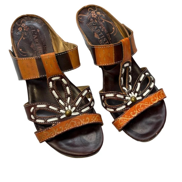 L'Artiste Women's Spring Step Leather Wedge Sandals Floral Accent Slides 38
