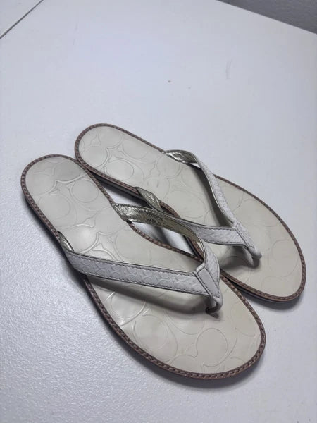 Coach Women's Thong Sandal Size 6 Metallic Sliver Leather Slip On Slide Flat