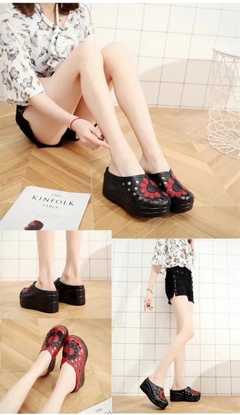 Ethnic Style Leather Women Shoes Sandals Platform wedges Slides Summer Slipper