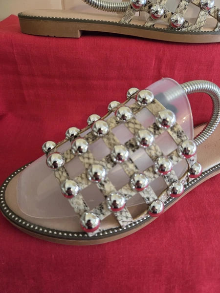 Women's Natural Snake Effect Slides Flip Flops With Chrome Studding Size 6