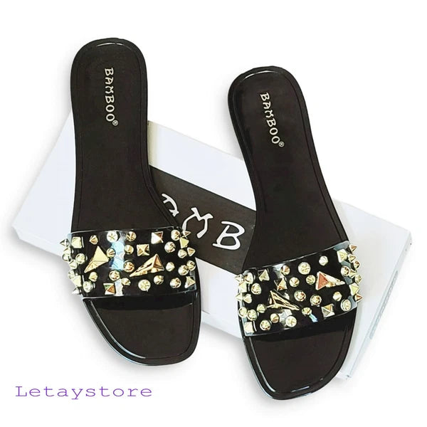 NWT Bamboo Stud Embellished Jelly Flat Slides Sandals   6,7,8