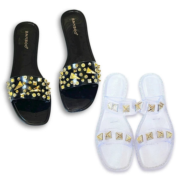 NWT Bamboo Stud Embellished Jelly Flat Slides Sandals   6,7,8