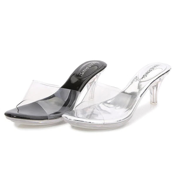 Women Clear High Mid Heel Sandals PVC Peep Toe Platform Shoes Slipper Slide Mule