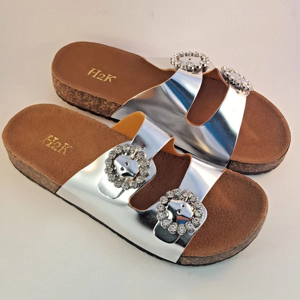 H2K KAREN STONE Buckle Ornament SILVER Fashion Slide Flip Flops Sandals Bling