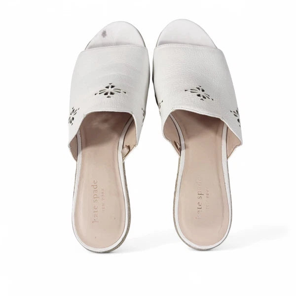 Kate Spade White Leather Espadrille Wedge Sandals 8.5 Floral Cut Out Designer