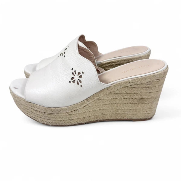 Kate Spade White Leather Espadrille Wedge Sandals 8.5 Floral Cut Out Designer