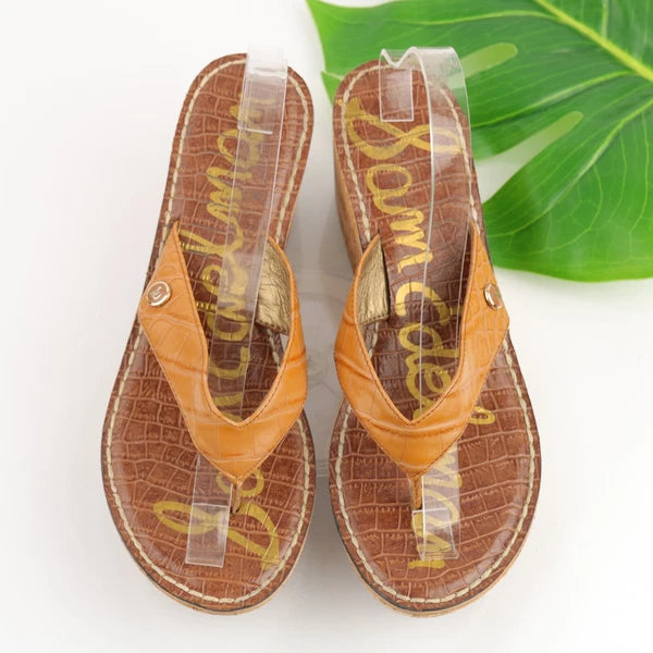 Sam Edelman Women's Romy Sandal Size 9.5 Wedge Platform Tan Croc Thong Slide