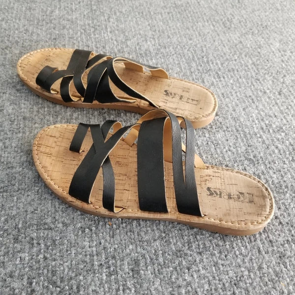 Korks Women US 9M Strappy Sandals Solid Black Straps with Beige Soles Slides *