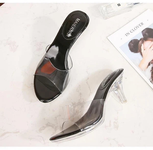 Women Clear High Mid Heel Sandals PVC Peep Toe Platform Shoes Slipper Slide Mule