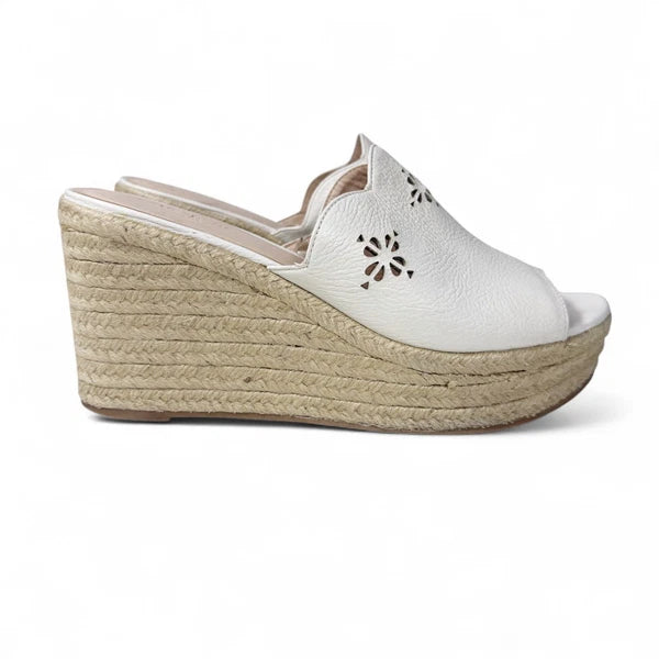 Kate Spade White Leather Espadrille Wedge Sandals 8.5 Floral Cut Out Designer