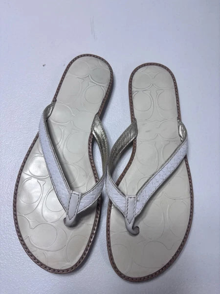 Coach Women's Thong Sandal Size 6 Metallic Sliver Leather Slip On Slide Flat