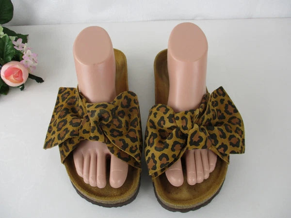 Joules Bayside Leopard Bow Slip On Madrid-Style Sandals size 40 Leather Upper