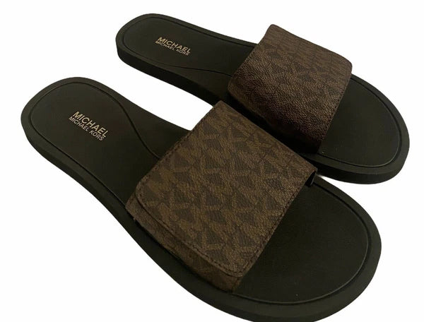 Michael Kors Wade Slide MK Signature Logo Sandals Adjust Closure Brown SZ 9 New