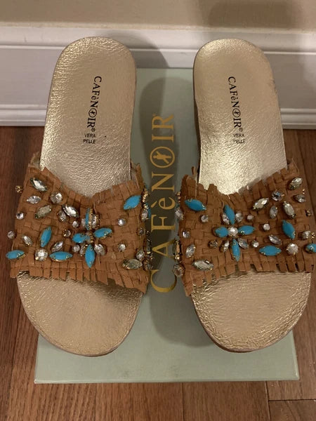 Women's CAFeNOIR Rhinestone Embellished Slide Wedges Shoes Sandals 37