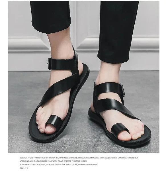 38-45 Mens Sandals Roman Style Ring Toe Slingback PU Leather Summer Casual Flats